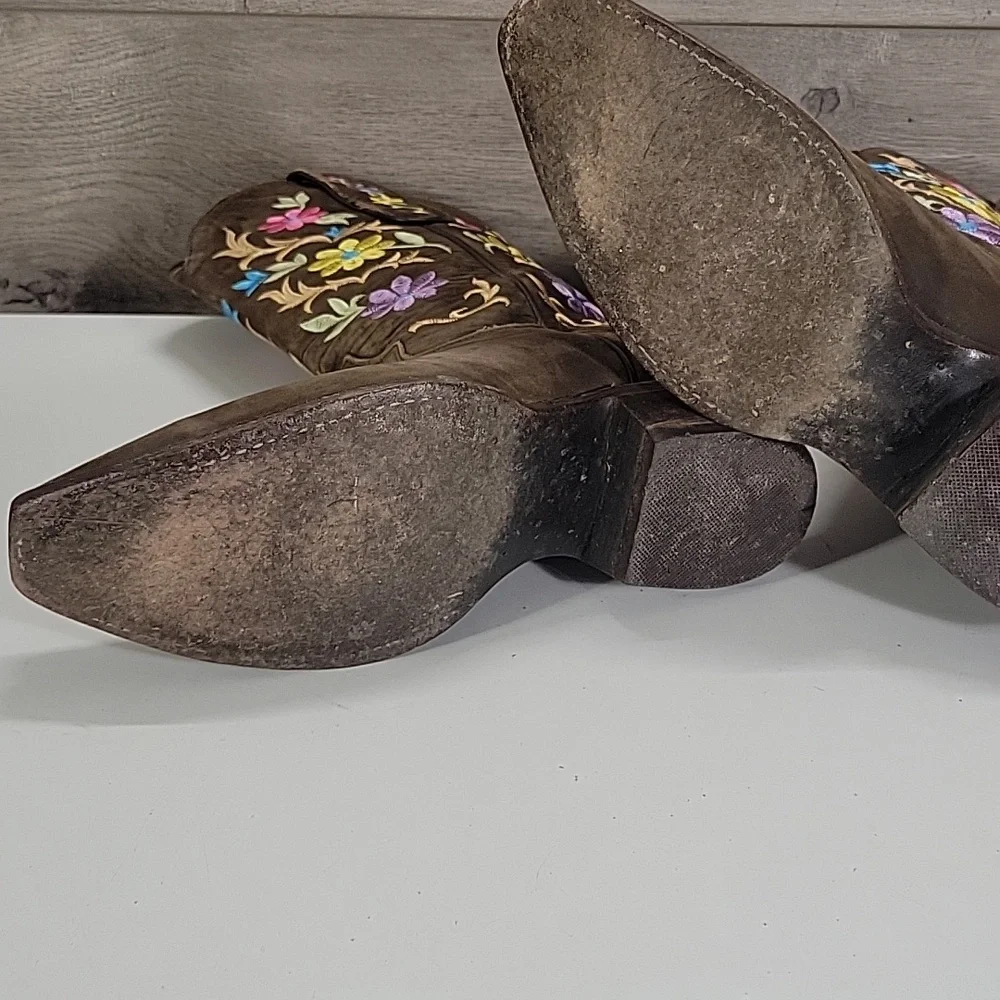 Girls El General Brown Leather Cowboy Boots with Floral Embroidery Sz 6